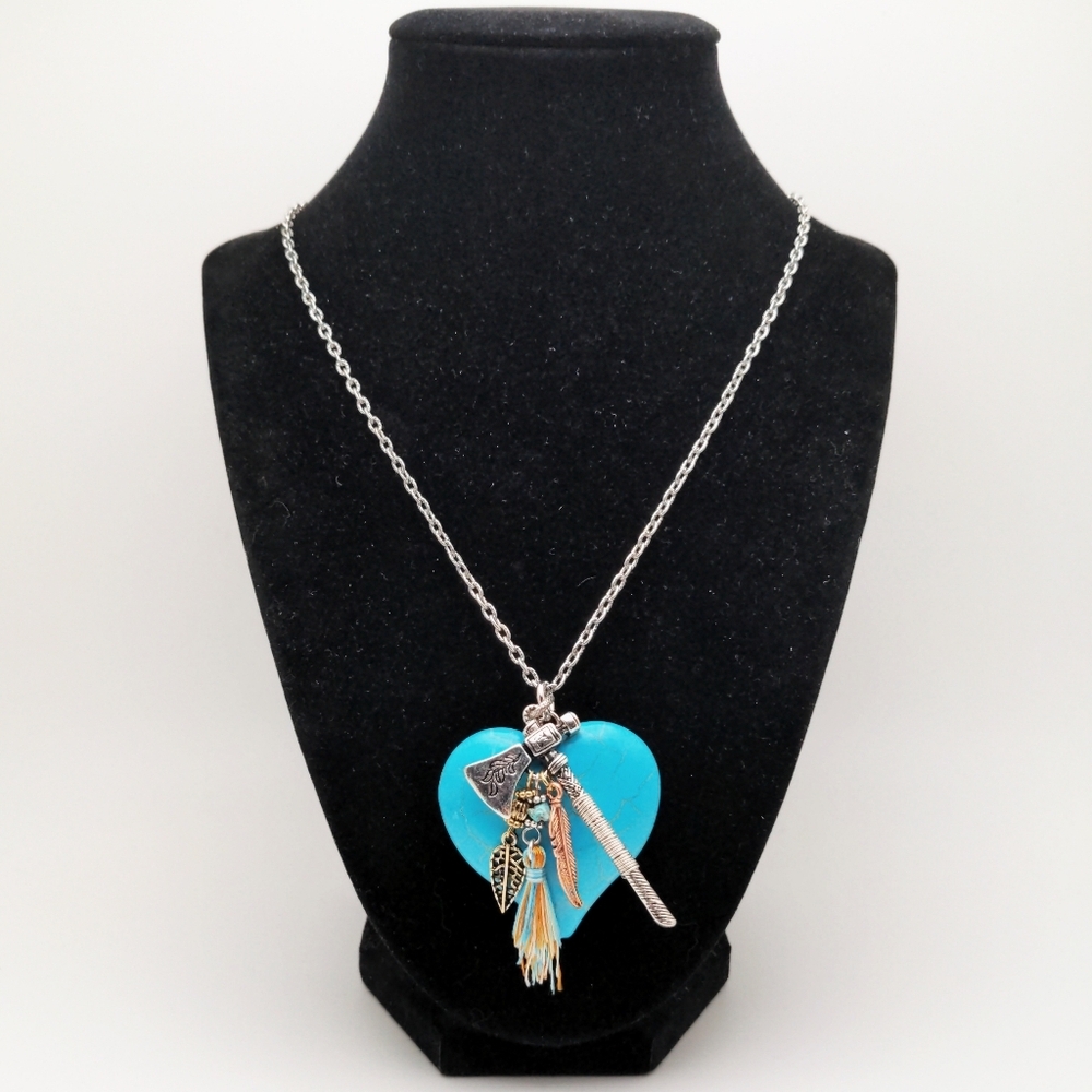 381MIDALANE Huge Turquoise Blue Puffy Heart Long Pendant Necklace